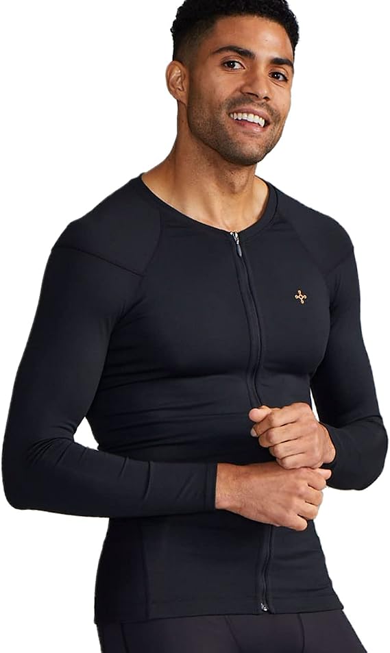 Tommie Copper Mens Long Sleeve Compression Shirt with Front Zipper Full Back & Shoulder Support, Posture Corrector