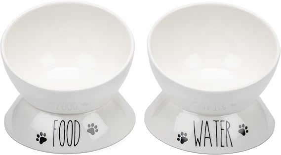 Prefurred Pet Elevated Cat Food Bowl Set - Two Porcelain Raised Cat Bowls, Wide Tilted Food & Water Dishes