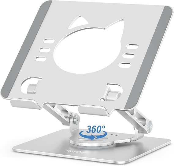 Aoviho Tablet Stand 360 Rotating Aluminum Holder, Adjustable, Portable and Foldable Monitors Stand for iPads, Compatible with 4-12.9" Tablets, Silver