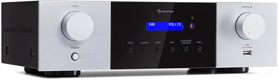 Auna AMP-4000 DAB HiFi Stereo Amplifier, DAB+ Radio, Stereo Amplifier, USB, Remote Control, with LED Display, HiFi black-white