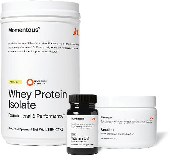 Momentous Arnold's Stack - Creatine Monohydrate Powder, Essential Grass-Fed Whey Protein Powder (Vanilla) & Vitamin D3 (2000 IU) - Daily Fundamentals to Support Muscle Strength & Longevity