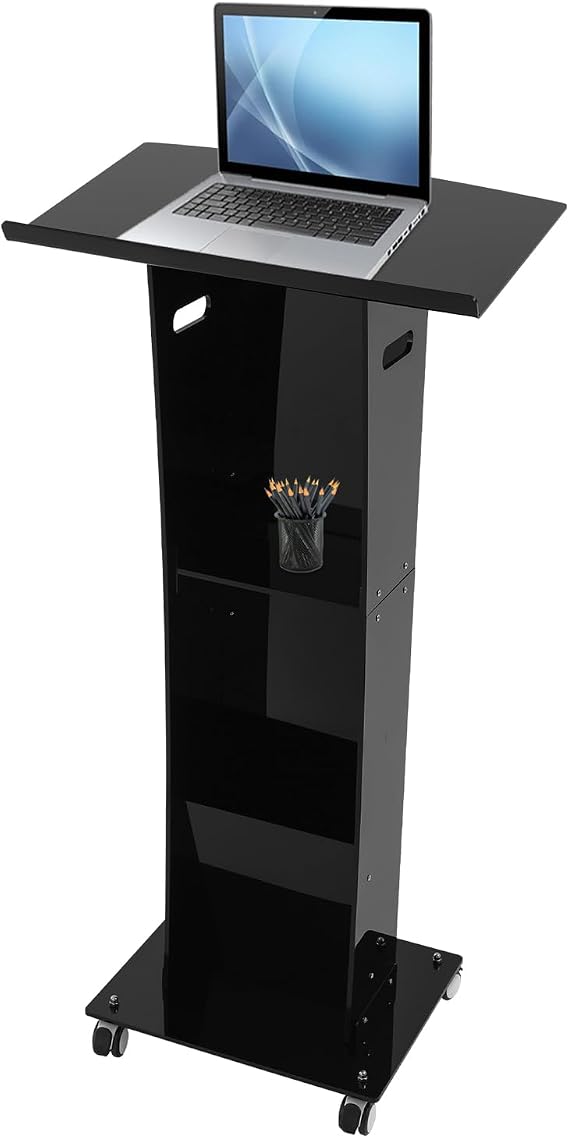 Acrylic Podium Stand with Wheels, 48"H Portable Lecterns & Podiums with Storage Shelf, Presentation Podium, Lectern Standing Pulpit for Churches, Conference, Speeches, Classroom(Black)