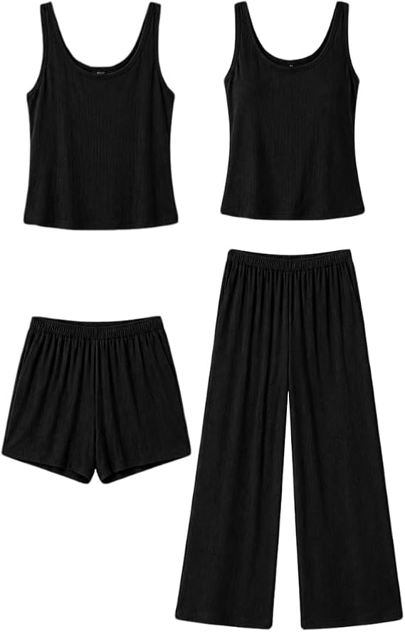 ft FENTENG Women's Ribbed Knit Pajama Set Soft & Breathable 4-Piece Lounge Set, Crop Top, Shorts & Pants, Cozy Casual Outfits