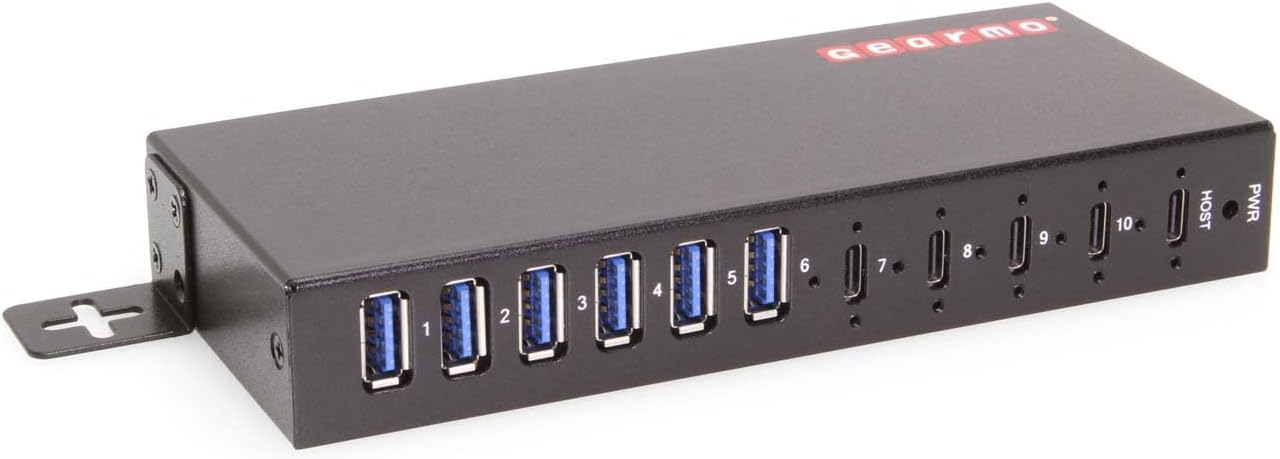 10-Port USB Hub - 4 USB-C and 6 USB-A Ports with Surge Protection & Screw Locks for Safe Connections