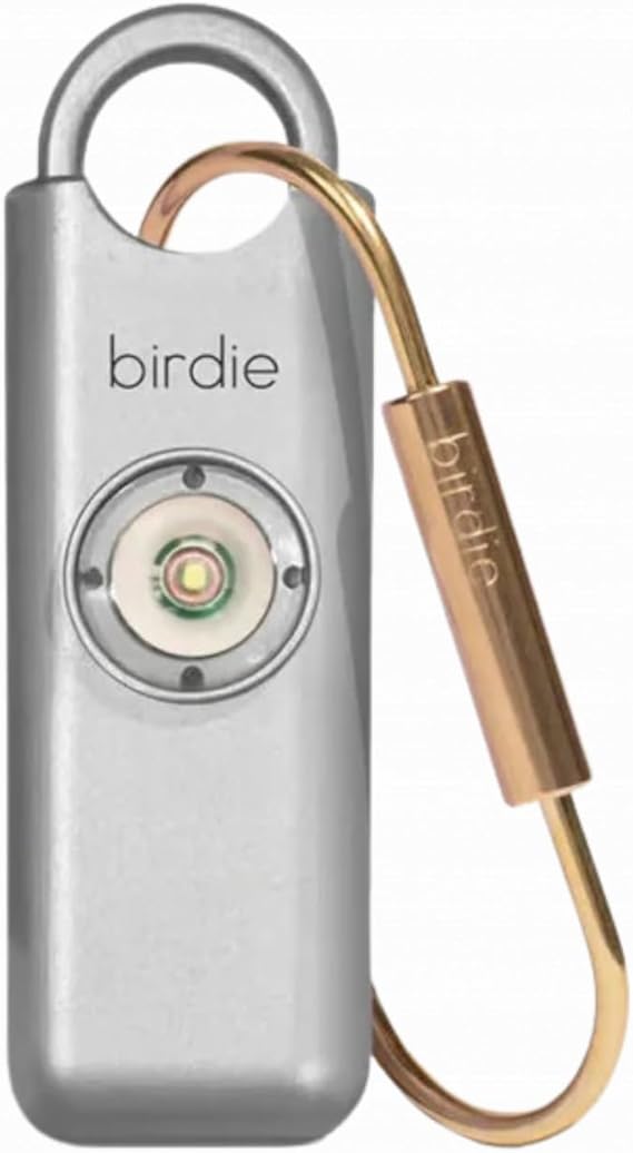 Shes BirdieThe Original Personal Safety Alarm for Women by WomenLoud Siren, Strobe Light and Key Chain in a Variety of Colors (Metallic Silver)
