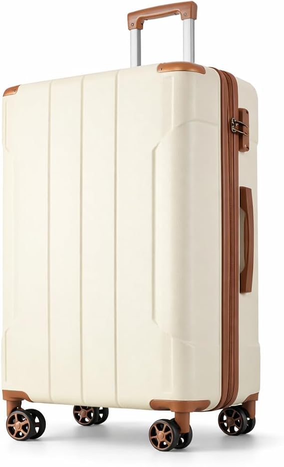 28 Inch Checked-Large Luggage, Hard Shell Suitcase with Spinner Wheels, Lightweight Expandable ABS Luggage with TSA Lock, Corner Guards, Ergonomic Handle (Brown White)