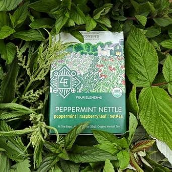 Four Elements 4E Peppermint Nettle Tea, Blended with Peppermint, Raspberry Leaf and Nettles, 100% Organic Herbal Tea, 16 Teabags, 1.2 OZ