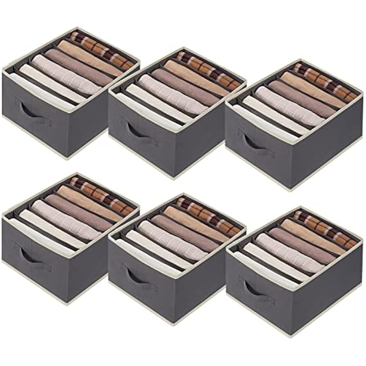 6 Pcs Large Size Wardrobe Clothes Organizers 6 Grids for Pants, Jeans, Sweater, T-shirt, Dress Stackable Closet Drawer Organizer Storage Bin Container with Sturdy Handles, Dark Grey