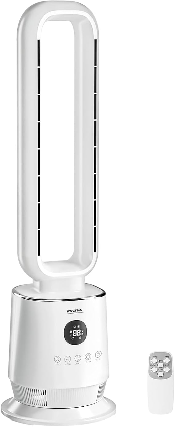 ROVSUN Smart Bladeless Fan, 32" Bladeless Tower Fan for Bedroom, Quiet Oscillating Tower Fan with Remote, Portable Cooling Fan with 12H Timer, 3 Speeds, 3 Modes, Ideal for Home, Bedroom, Office
