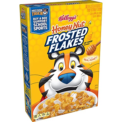 Kelloggs Frosted Flakes Breakfast Cereal, 8 Vitamins and Minerals, Kids Snacks, Honey Nut, 13.7oz Box 1 Box