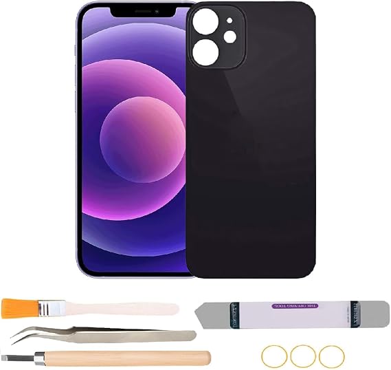 Back Rear Glass Cover Replacement Compatible with iPhone 12 6.1 inches with Repair Tool Kits (Black)