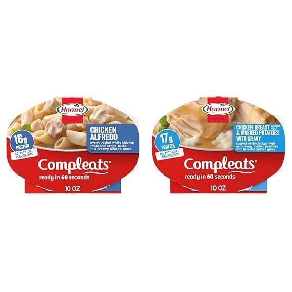 HORMEL COMPLEATS Chicken Alfredo and HORMEL COMPLEATS Chicken Breast & Mashed Potatoes With Gravy Microwave Tray, 10 oz (Pack of 6)