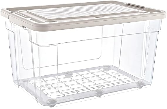 MallArt® 90L Saklama Kabı Büyük – Tekerlekli & Kilitli Kapaklı Organizer Saklama Kutusu – Şeffaf Plastik Düzenleyici Kutu, Oyuncak ve Ev Eşyası Saklama Kutusu (Krem)
