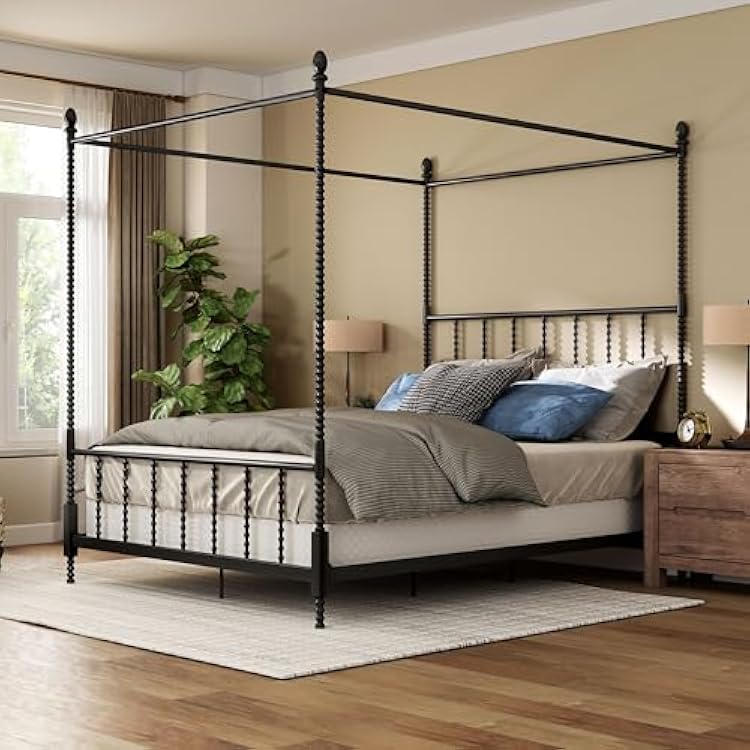Furniture of America Vaeli Modern Metal Queen Size Four Poster Bed Frame with Spindles, Canopy Bedframe for Bedroom, Guest Room, Box Spring Required, Black
