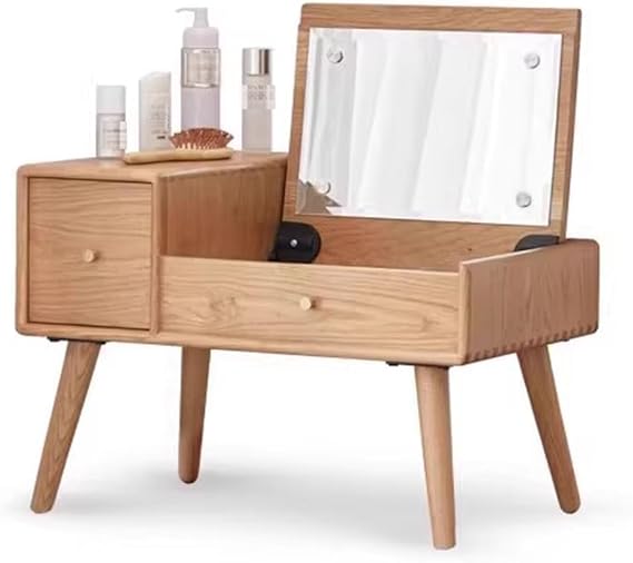 Solid Wood Dressing Table, Simple Oak Small Dressing Table, Bedroom Multifunctional Bay Window Dressing Table, Hidden Makeup Mirror Dressing Table, Large Capacity Partition Drawer