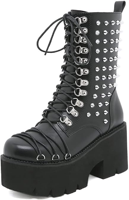 Women's Platform Goth Ankle Boots Black Chain Boots Punk Mid Calf Boots