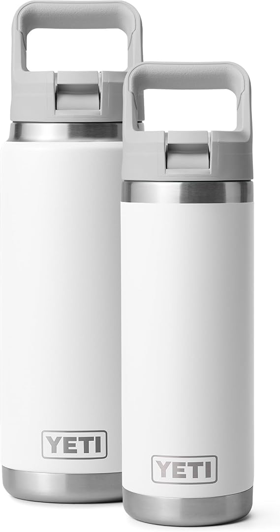 YETI Rambler 18 and 26 oz Bottle, Vacuum Insulated, Stainless Steel with Color Matching Straw Cap, White
