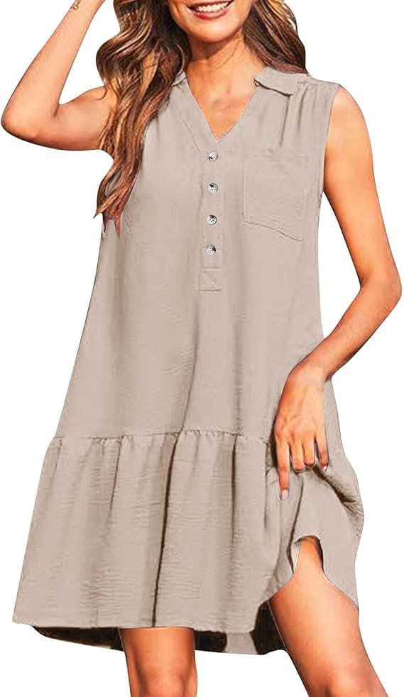 Womens V-Neck Button Sleeveless Mini Dress Ruffle Tiered Casual Swing Smocked Dress Beach Sundress with Pocket