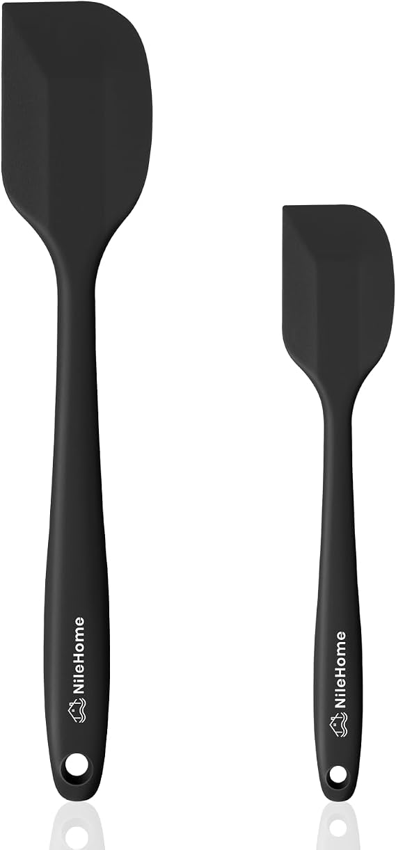 NileHome Silicone Spatula Set, High Heat-Resistant Premium BPA-Free One Piece Seamless Design, Non-Stick Rubber with 18/8 Stainless Steel Core, Cooking/Baking Utensil Set of 2, Black