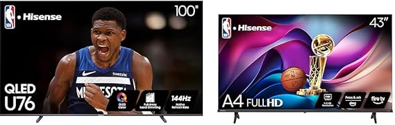 Bundle of Hisense 100-Inch Class U7 Series ULED 4K UHD Google Smart TV + Hisense 43" Class A4 Series FHD Smart Fire TV, Voice Remote with Alexa