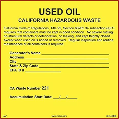 California Used Oil - Hazardous Waste Label - 6" x 6" (Pack of 25)