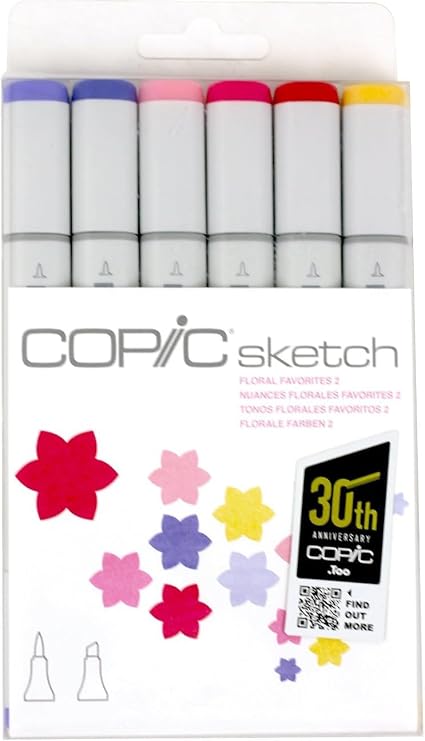 Copic Sketch Marker Floral 2 Set, Oval Barrel, Super Brush and Medium Broad Nibs, 6 Color Set (SFLORAL2)