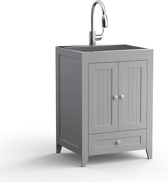 VINGLI 24-Inch Laundry Sink with Cabinet and Pull-Out Sprayer Faucet, Stainless Steel Utility Sink with Cabinet, Grey Cabinet with Sink for Laundry & Utility Room, Kitchen, Bathroom, Basement