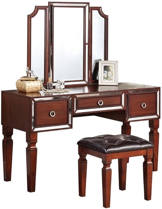 Poundex Vanity Set with Mirror and Stool