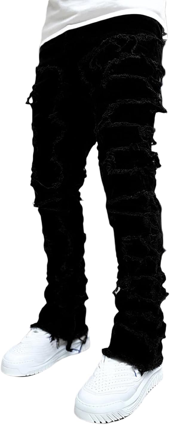 YEOU Men's Stacked Skinny Jeans - Y2K Harajuku Style Ripped Denim Pants with High Waist