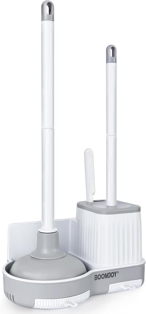 BOOMJOY Toilet Brush and Plunger Set with Crevice Cleaning Brush, White Plunger and Brush Combo with Hidden Holder, Bathroom Plunger and Toilet Bowl Brush Set Heavy Duty
