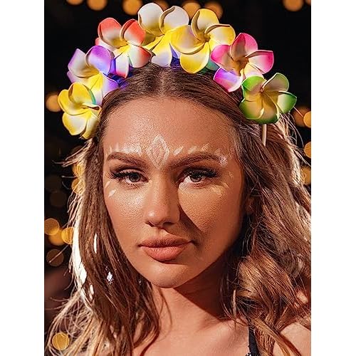 JEAIRTS LED Hawaiian Flower Headband Glowing Plumeria Floral Headpiece Festival Summer Beach Head Band Hawaiin Hair Accessories for Women