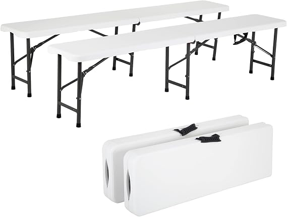 6FT Bench Chair Plastic Folding Bench Plastic Portable Outdoor Bench Garden Bench with Carrying Handle and Lock for Camping Picnic Party Dining 2 Pack White
