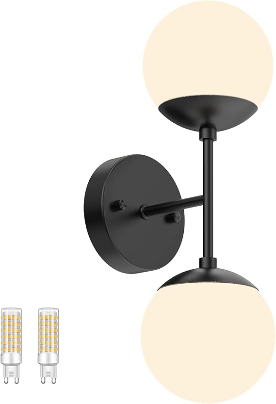 Tipace Black Wall Sconce 2 Lights,Modern Globe Wall Light,Black Sconce Light 2 Lights for Restaurant Living Room Bedside Stairs Bathroom Mirror(3000K G9 Bulbs Include)