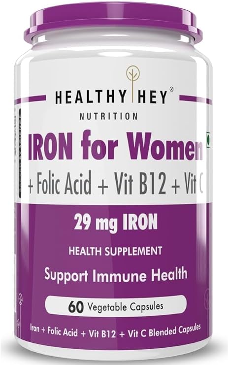 Iron Supplement for Women -100% Chelated - with Vitamin B12, Folic Acid & Vitamin C for High Absorption (60 Veg Capsules)