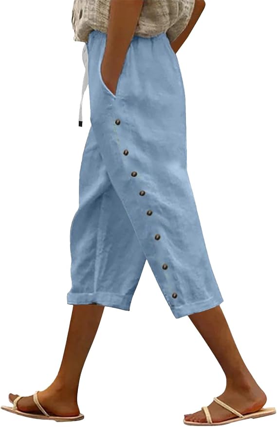 yaoeye Striped Breathable Linen Capri Pants Summer Women Lightweight Legging Pants Capris for Seniors Trousers with Pockets