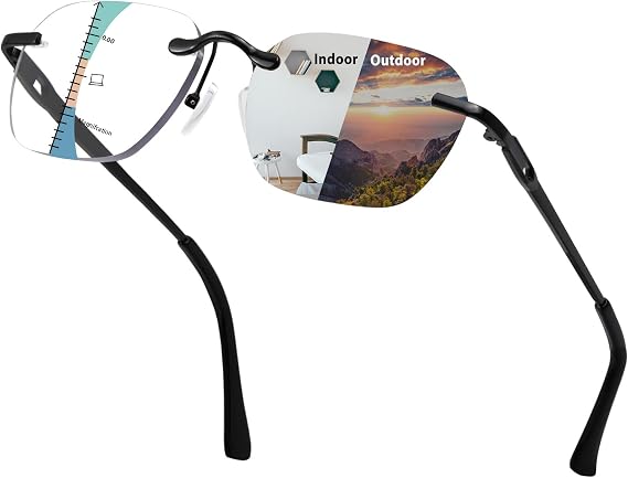 Progressive Photochromic Multifocal Rimless Reading Glasses Blue Light Blocking Sunglasses Transitional Reader UV400