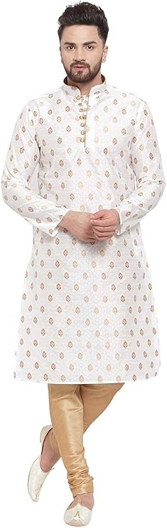 Mens Kurta Set Festive Season Men's Tunic Art Cotton Kurta Pajama Wedding Party Suit Dress Festivals Season Ethnic Party Dress Suit 2-Piece Set By WAKAR MANSURI SHOP (White, 2XL - 48 x 54 Inches)