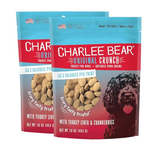 Charlee Bear Original Crunch Dog Training Treats, Turkey Liver & Cranberries, 3 Calories Each, Low Calorie Natural Rewards for Puppies to Adult Dogs, Made in USA, 16 oz 2-Pack