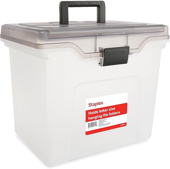 Staples File Box Portable Storage Tote, Letter Size, Clear Plastic | Includes lid, handle, and organizer tray for letter-size hanging files.