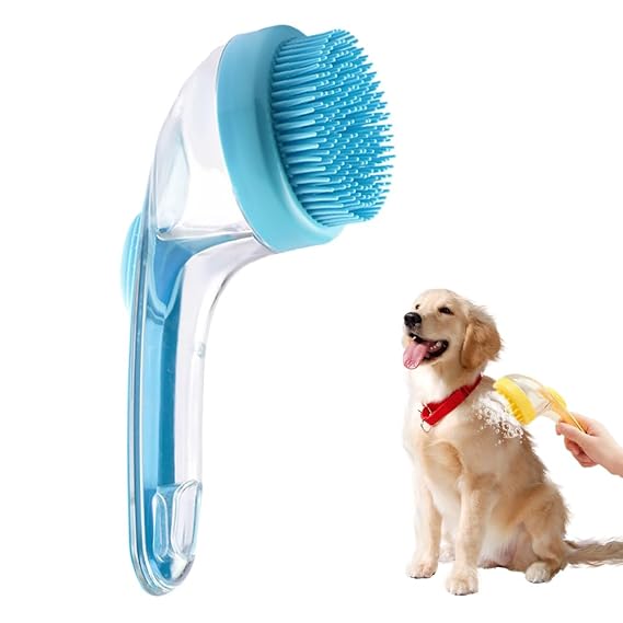 2025 New Pet Bath Brush, 2 in 1 Dog Bathing Grooming Massage Brush with Shampoo Dispenser, Dog Scrubber for Long Short Haired Dogs and Cats (Blue)