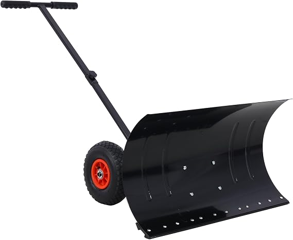 Snow Shovel with Wheels, Snow Pusher, Cushioned Adjustable Angle Handle Snow Removal Tool, 29" Blade, 10" Wheels,Black Color