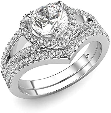 Metal Factory Sterling Silver 925 Cubic Zirconia CZ Heart Engagement Wedding Band Ring 2Pc Set