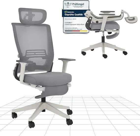 FLEXISPOT Foldex Ergonomic Office Chair with Foldable Backrest, Folding Desk Chair for Small Spaces with Lumbar Support, Height-Adjustable Armrests, 2D Headrest and Footrest for Home Office - Gray