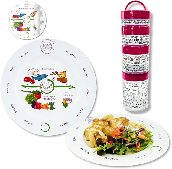Bariatric Surgery 8 Inch Portion Control Plate x2 Plus 100 Cal Snack Container Set with Instructions for After Gastric Bypass, Sleeve Gastrectomy, or Band. Balance Protein, Carbs & Vegetables