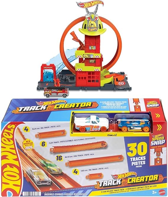 Bundle of Hot Wheels City with 1 Toy Car, Elevator, Ramp, Fire Station with Super Loop + Hot Wheels Track Creator Deluxe Pack & 2 Vehicles, 25 Feet of Track & Connectors