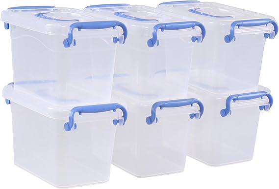 6 Packs 1.5 L Plastic Storage Boxes with Lid, Small Clear Stackable Box for Shelves, Stationery, Desk Supplies