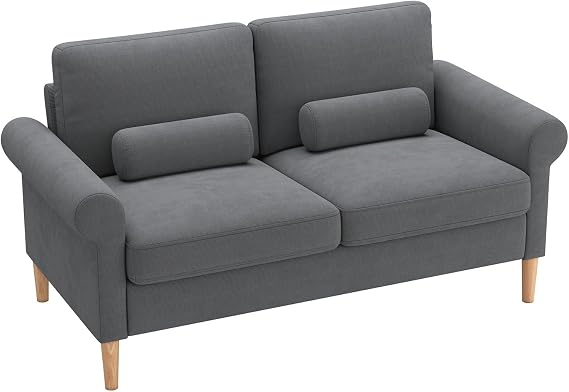 Large 2 Seater Fabric Sofa, Modern Upholstered Couch with Deep Seat & Support Cushions, Comfortable Sofa for Living Room & Home, Wooden Legs, Grey