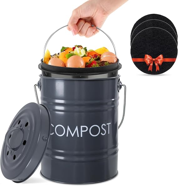 Vipush Compost Bin Kitchen Countertop Composter with lid Small Compost ContainerI Includes Inner Compost Bucket Liner & Charcoal Filter, Grey
