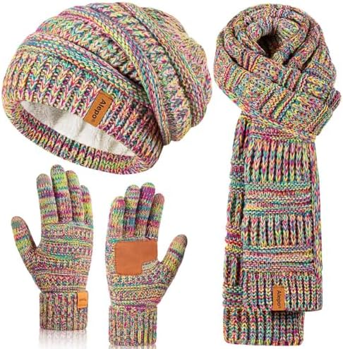 Winter Beanie Hat Scarf Gloves Set for Women, Slouchy Beanie Long Scarf Touchscreen Gloves, Warm 3 in 1 Christmas Gift Set