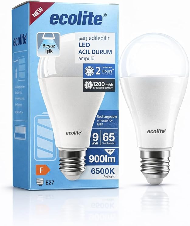 Ecolite Şarjlı LED Acil Durum Ampulü 9W E27 6500K [Enerji Sınıfı F]
